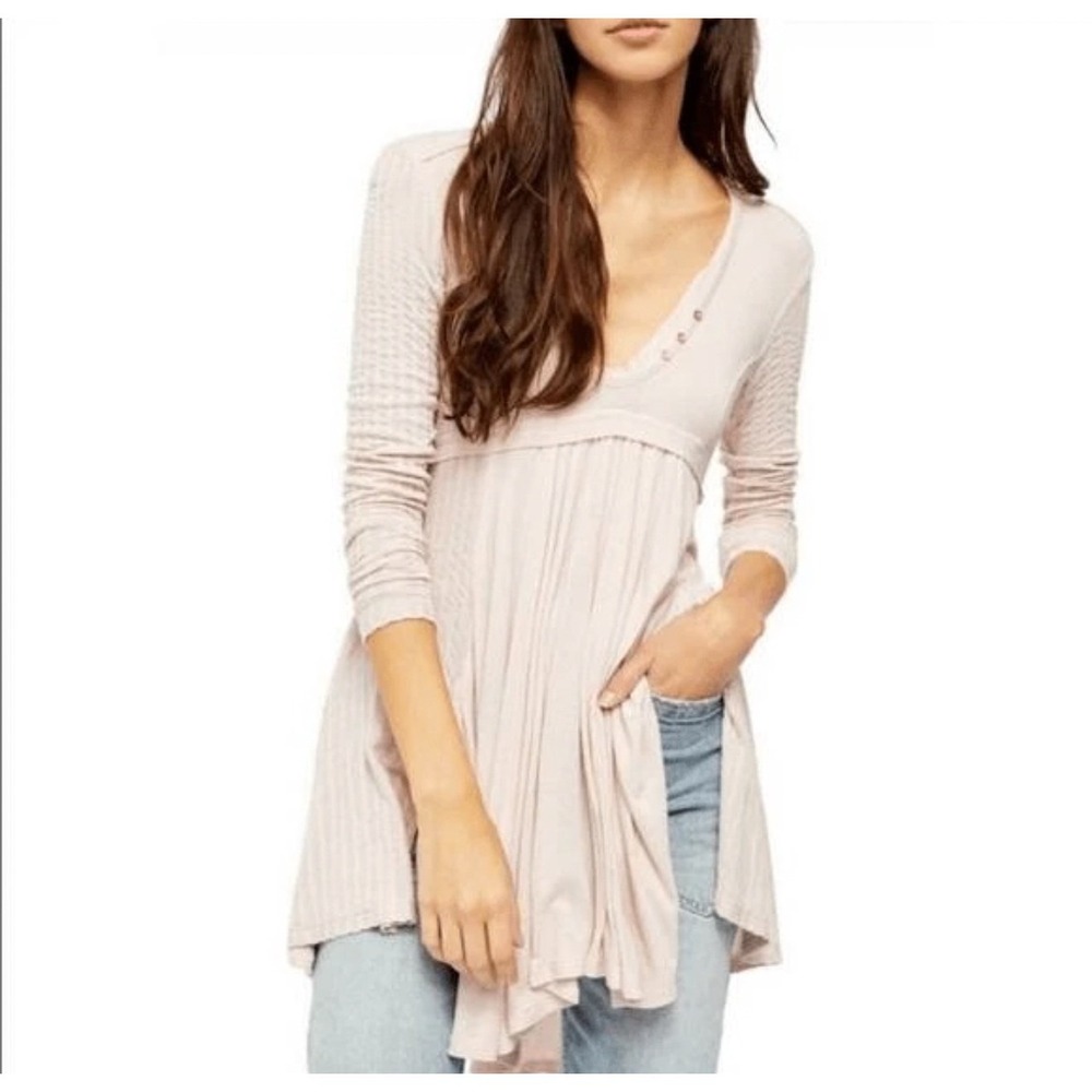 Free People Birdie Soft Pink Henley Babydoll Women Tunic Blouse Button Up Top